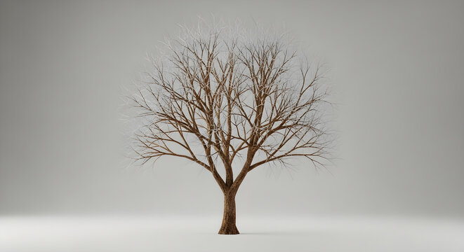 Minimalist 3D rendered leafless deciduous tree isolated on a neutral light grey background for digital environmental design