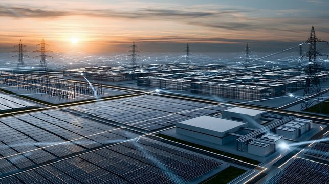 future digital economy concept, massive sustainable data center surrounded by solar energy systems, high voltage infrastructure and connected communication networks, abstract business growth