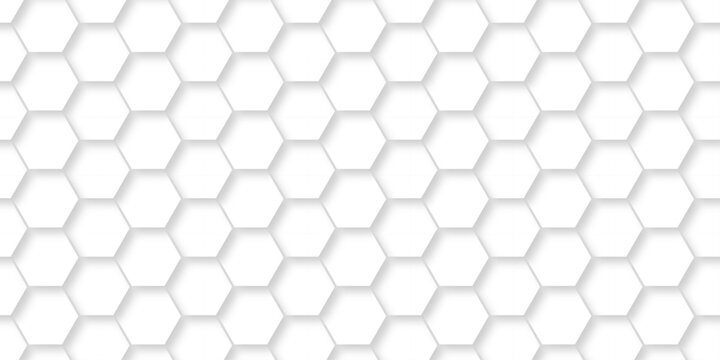 White creative hexagon bee cube element grid tiles emboss seamless pattern white paper texture futuristic business. vector honeycomb web banner texture background.