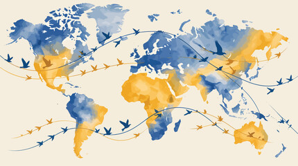 Watercolor World Map with Migrating Birds and Flight Paths for Global Travel and Environmental Concepts © Wahyu