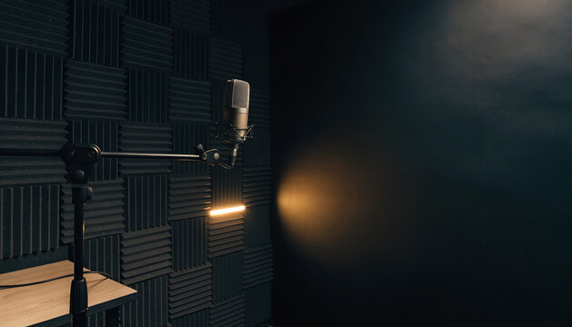 A professional recording studio with acoustic foam panels, a microphone on a stand, and moody lighting creating an intimate atmosphere.