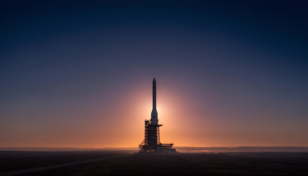 A rocket stands on its launch pad at sunrise, silhouetted against the brightening sky, ready for liftoff.
