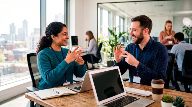 Diverse colleagues communicate using sign language in a modern office setting