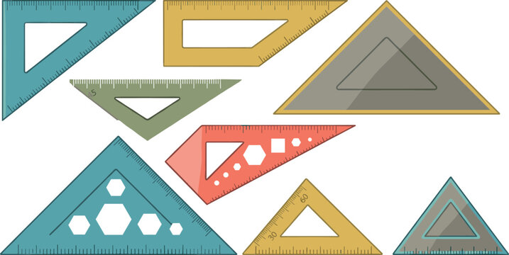 Retro Style Set Square Vector Kit Featuring Muted Pastel Geometric Triangles Drafting Rulers Technical Drawing Templates and Stencils Isolated on White Background
