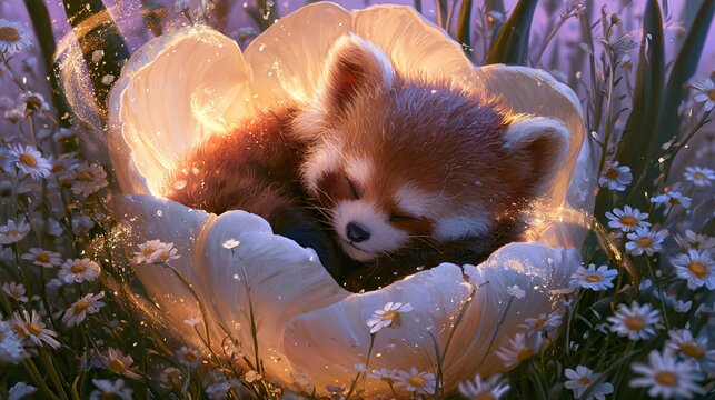 Giant tulip glowing softly as sleeping red panda curls inside petals, surrounding wild daisies caught in violet evening glow with gold specks