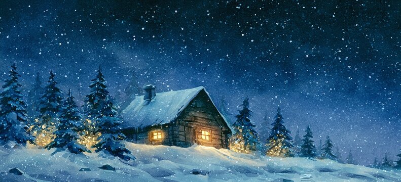 Indigo winter sky offers text space above mountain cabin, watercolor style, Christmas trees glowing around cabin in heavy snowfall