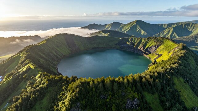 Aerial View of Lagoa das Sete Cidades Volcanic Lake Azores August