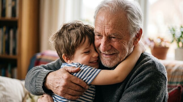 Loving grandfather and grandson share a warm embrace indoors