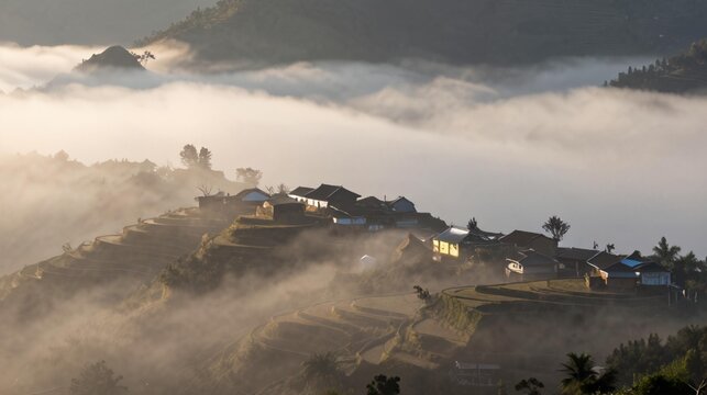 Misty Morning Volcanic Village Azores Slopes