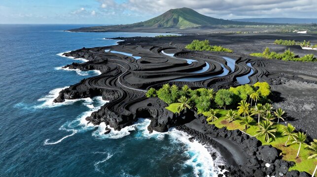 Top Down Aerial Lava Coastline Azores Island