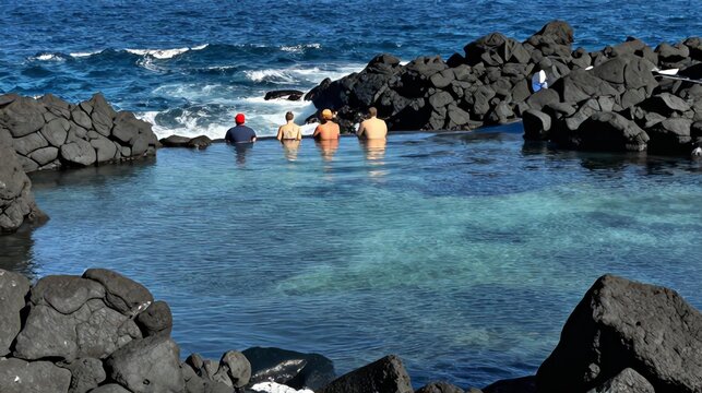Tourists Back View Natural Volcanic Pool Azores Coast