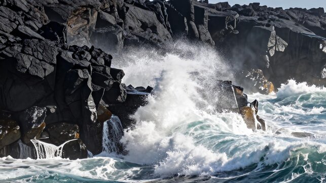 Waves Crashing Lava Cliffs Azores Atlantic Ocean