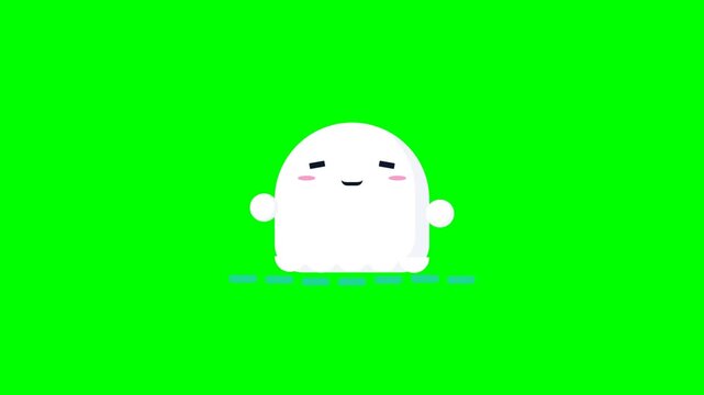 Cute Animated White Blob Character Dancing on Green Screen Background.
