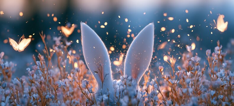 Golden sparks drift among pastel wildflowers where white rabbit ears peek through, luminous butterflies hovering, dreamy high-key twilight atmosphere