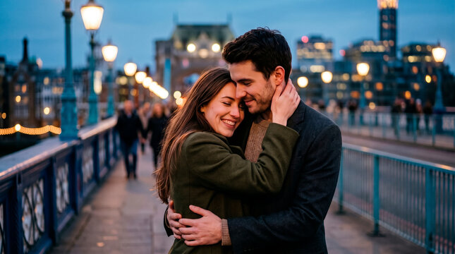 Young couple embracing on a bridge at dusk with city lights in the background