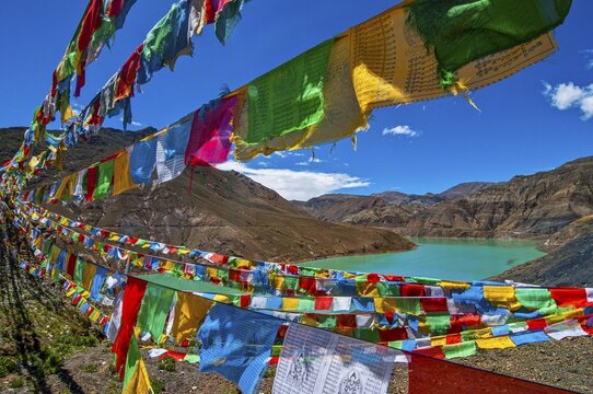 Praying flags on the Karo-La Pass along the Friendship Highway, Tibet, Asia