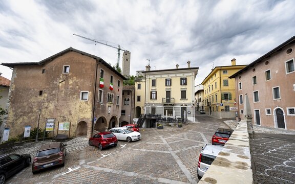 Houses and Torre dell' orologio of the Castello di Gemona fortress, Gemona del Friuli, Friuli-Venezia Giulia, Italy