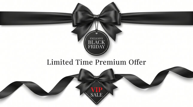 Decorative horizontal black ribbon with bow and sale tag for black friday sale design. Vector decoration and label