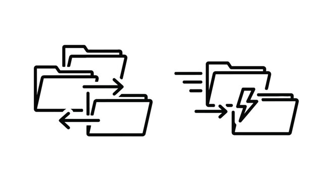 Set of line art icons depicting folder sync data transfer and lightning fast file migration with transfer lightning migration management directory