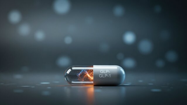 A single medical pill capsule labeled glp-1 with a glowing orange energy core inside, resting on a dark surface with soft blue bokeh light spots