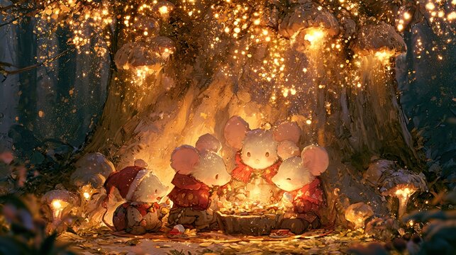 Whimsical and cozy forest fantasy setting. high-key lighting. family of mice in festive outfits sharing meal near base of glowing tree