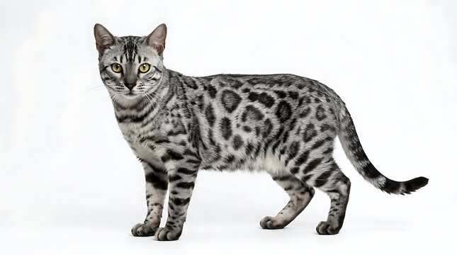 Silver Bengal cat standing on white background, purebred feline portrait.