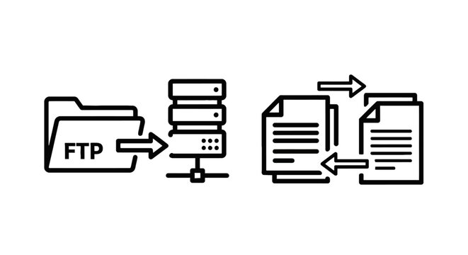 Ftp folder server connection and file transfer protocol outline icons with data transfer line art black and white protocol connection document