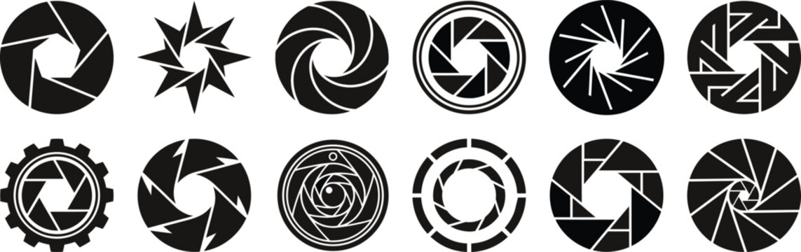 A collection of twelve black and white camera aperture icons showing various blade designs for photography and optical lens shutter mechanisms
