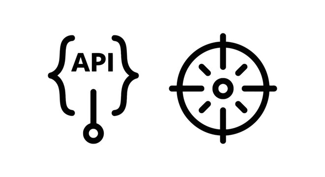 Api programming code interface brackets icon and target compass symbol set with web design computer science black and white programming interface