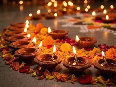 Multiple burning clay diyas arranged in row with marigold flowers for Diwali night.