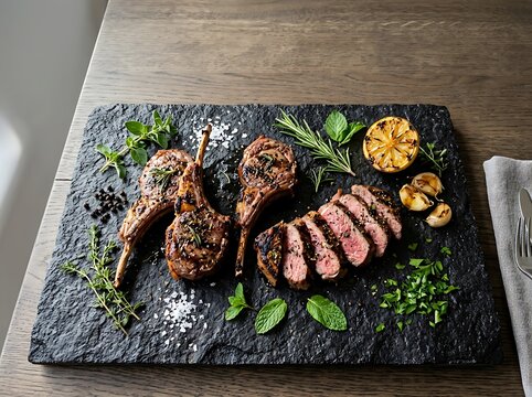 A gourmet platter showcasing flame-cooked lamb chops and sliced steak with fresh herbs and grilled lemon