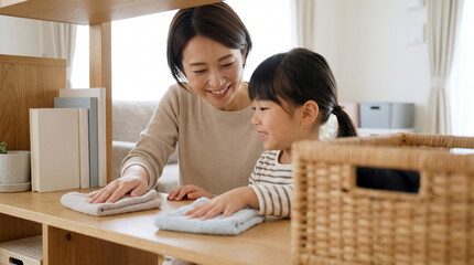 Obraz premium リビングの棚を雑巾で一緒に掃除する母親と子供