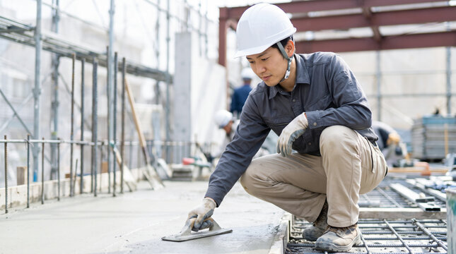 建築現場で左官作業を行いコンクリートを塗る作業員