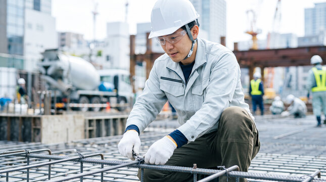 建設現場で鉄筋の結束作業を行う男性作業員
