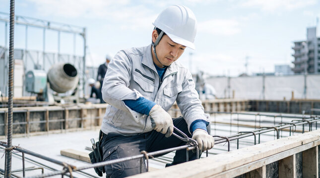 建設現場で鉄筋配筋作業を行う作業服の男性作業員