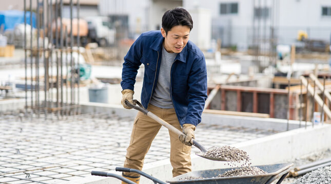 建築現場でスコップを使い砂利を運ぶ作業服姿の男性作業員