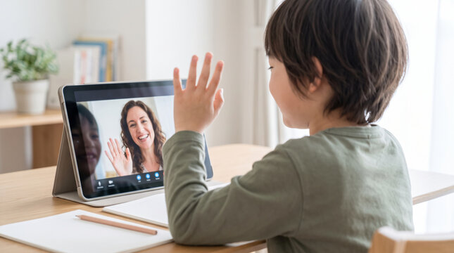 タブレットを使ってオンライン英会話レッスンを受ける子供