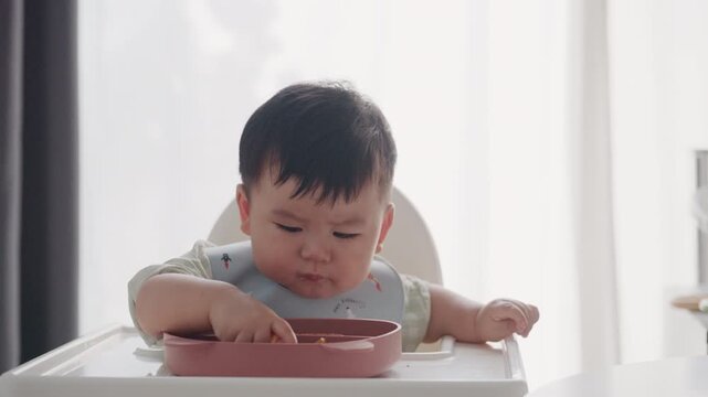 Asian Baby Using Finger to Feed Herself a Food with Baby Led Weaning Concept.Cute Asian baby boy eating finger food in high chair.