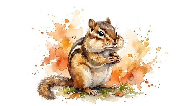 Watercolor illustration of a chipmunk sitting with cheeks puffed