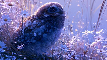 Obraz premium Twilight spring colors. glowing daisies. ethereal atmosphere. wide empty space on right for text. soft-feathered baby owl at edge of meadow