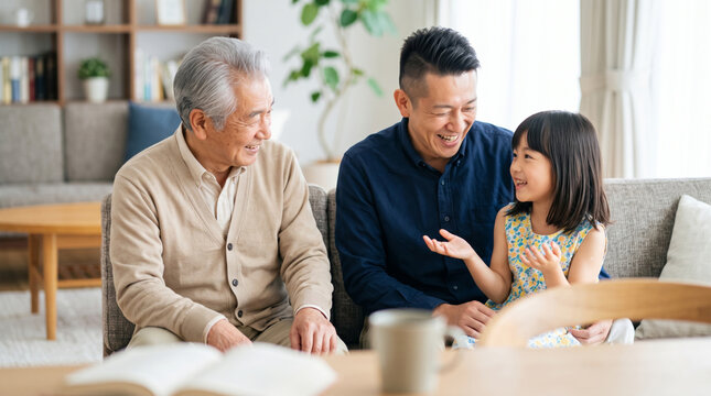 リビングのソファで笑顔で会話を楽しむ三世代の家族