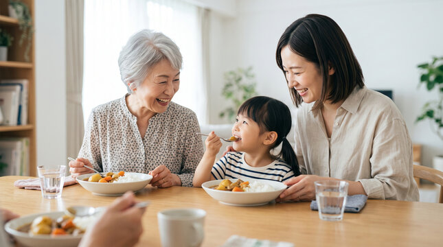 明るいダイニングで家族一緒にカレーライスを食べる三世代ファミリー