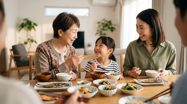 明るいリビングで和食の夕食を笑顔で囲む三世代家族
