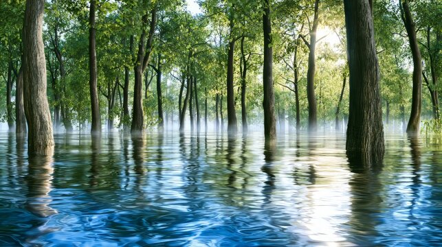 Tranquil Flooded Forest with Tall Green Trees Reflected in Serene Water Under Soft Morning Light