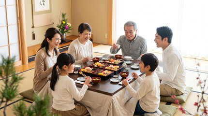 Obraz premium 和室でこたつを囲みおせち料理を食べる3世代家族のお正月