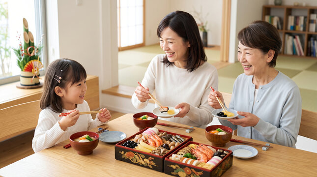 正月に明るいリビングで御節料理を囲む三世代の家族