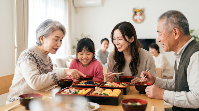 お正月におせち料理を囲んで笑顔で会食する3世代家族