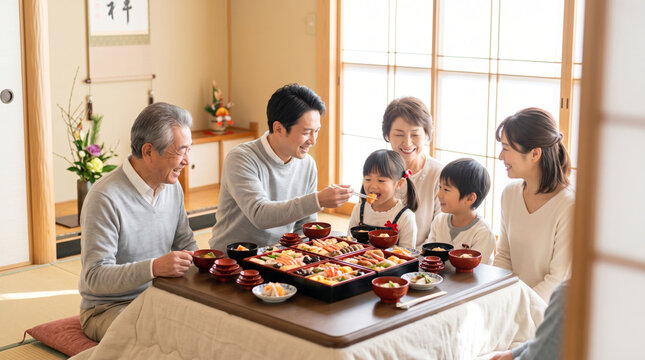 和室の炬燵を囲んでお節料理を食べる三世代の家族