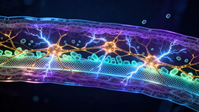 Enteric Nervous System Neural Network Glowing Within Intestinal Wall Layers