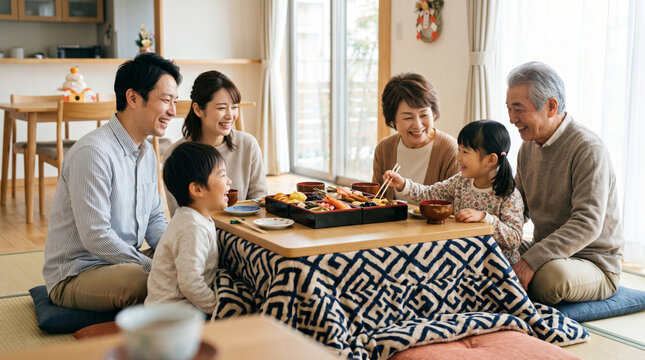 こたつを囲んでおせち料理を食べる三世代家族の正月風景